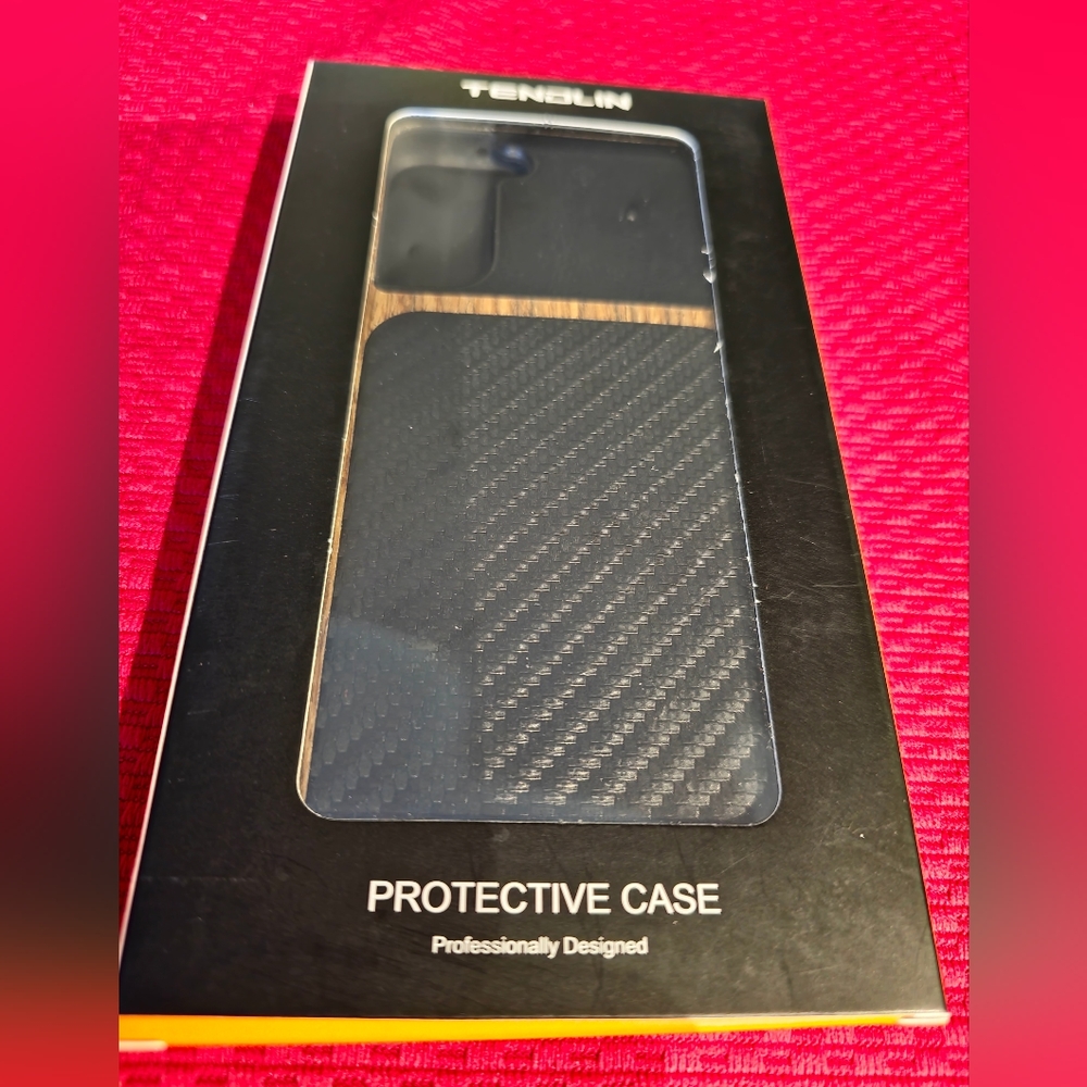 TENDLIN Compatible with Samsung Galaxy S21 Plus Case Wood Grain with Carbon Fibe